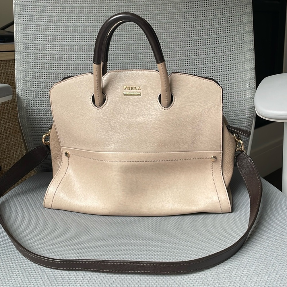Furla Beige and Dark Brown Leather Crossbody Satchel